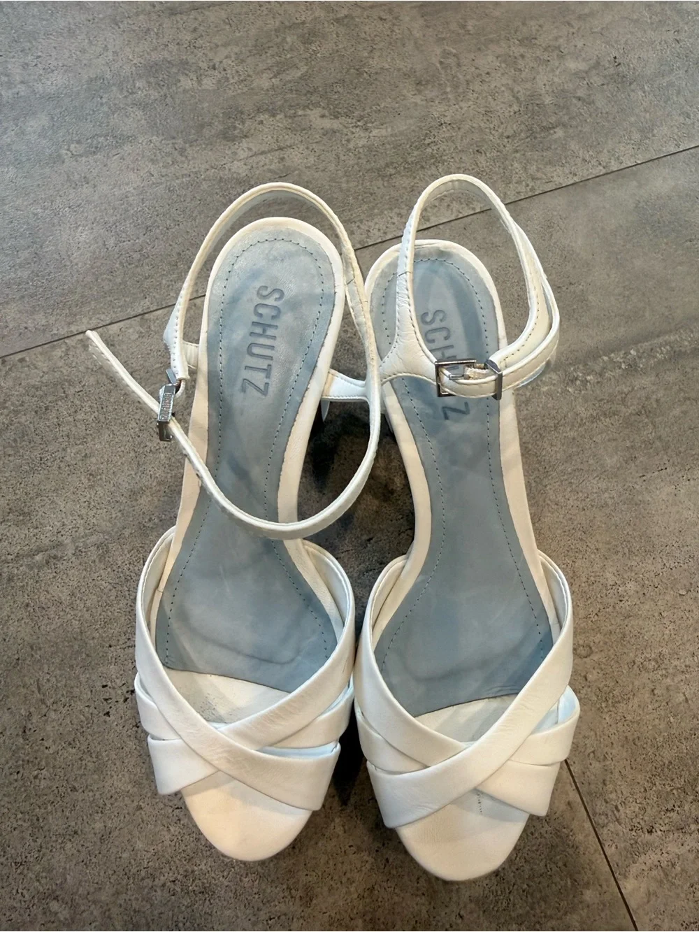 SCHUTZ White Platform Slingback Sandals with Blue Insole